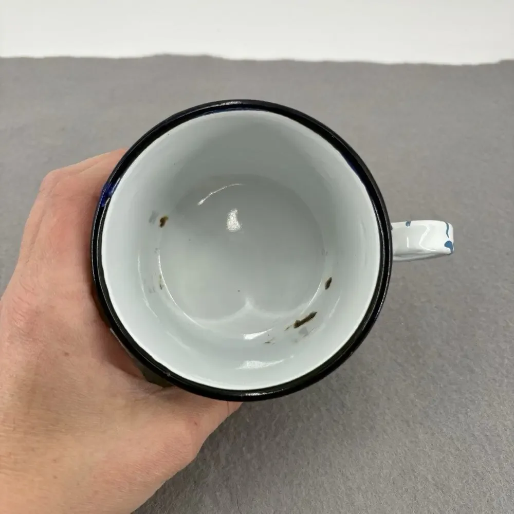 Beautiful VTG Enamelware Graniteware Coffee Mug Blue White Swirl W Dk Blue Rim